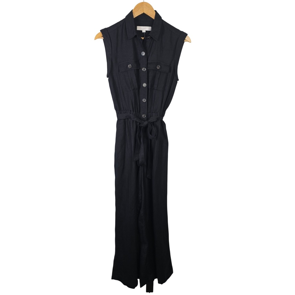 Loft Petite Linen Blend Wide Leg Utility Jumpsuit Black XSP NWT Pockets